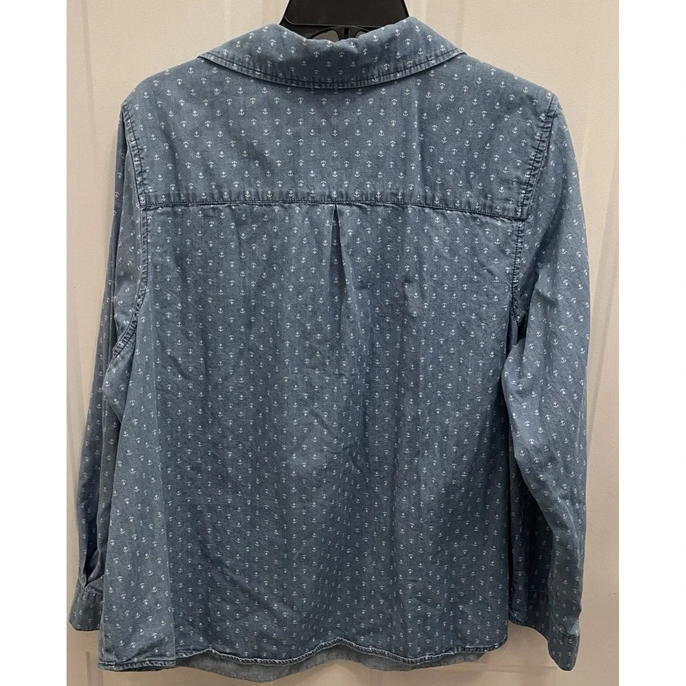 CJ Banks Popover Denim‎ Chambray Blouse Top Womens 1X Collared Anchor Nautical - Picture 7 of 8